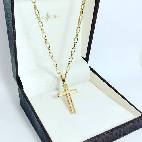 Conjunto Baguete Com Pingente Cruz Ouro 18k