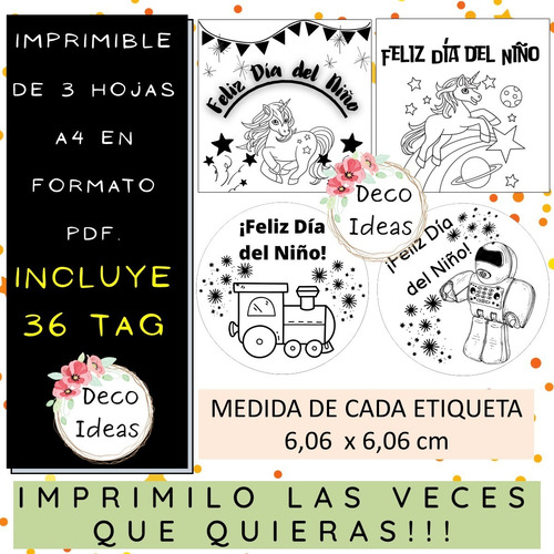 Imagen 3 de 4 de Kit Imprimible Tag Feliz Dia Del Niño Pdf 01 Blanco Negro