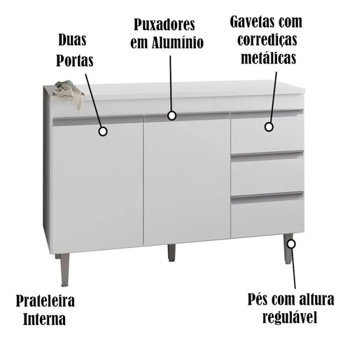 Balcao Para Pia 116 Cm 2 Portas Andreia Branco Reajl