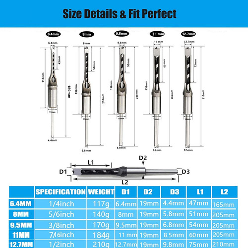 5 Brocas Escareadas Quadradas Chisel Mortise Para Madeira