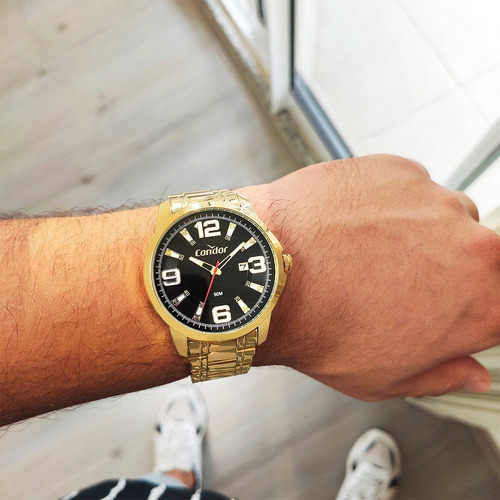 Imagem 2 de 10 de Relógio Masculino Dourado Condor Ouro 18k + Carteira Brinde