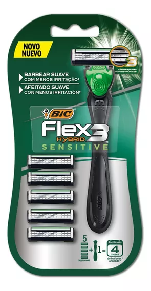 Máquinas De Afeitar Afeitadoras Rastrillo Flex 3 Hybrid Sensitive Cartuchos Recargables 1 Mango + 5 Cartuchos