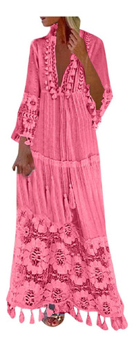 O9 Vestido Mujer Bohemio Talla Grande Escote En V Color Sóli