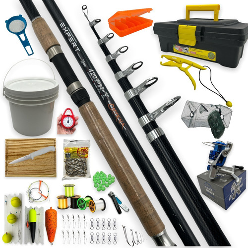 Kit Pesca Pejerrey Caña Caja Lineas Balde Tabla Muy Completo