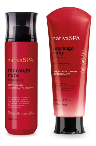 Combo Nativa Spa Morango Ruby: Body Splash 200ml + Loção Corporal 200ml - Dia Das Mães / Natal / Dia Dos Namorados