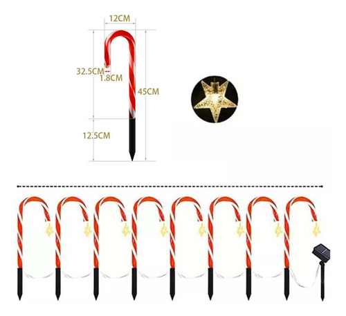 M Kit 8 Enfeites Decorativos Bengala De Natal Luzes Solares