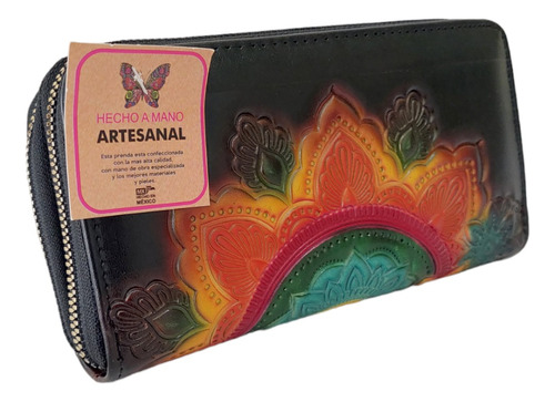 Cartera Billetera Dama Artesanal Piel Mandala Pintada A Mano