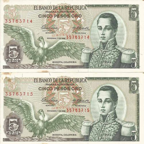 Colombia Dúo Consecutivos 5 Pesos 11 Noviembre 1965 (huecos)