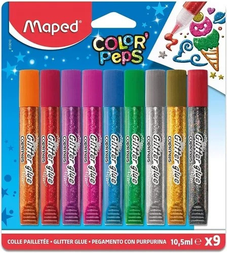 Tubos Peps Blister X9 Color Maped Color Glitter/Cola líquida Peps Color Maped Color não tóxica