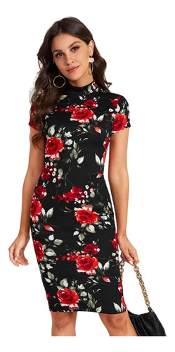 Vestido Elegante Floral Ajustado De Cuello Japonés