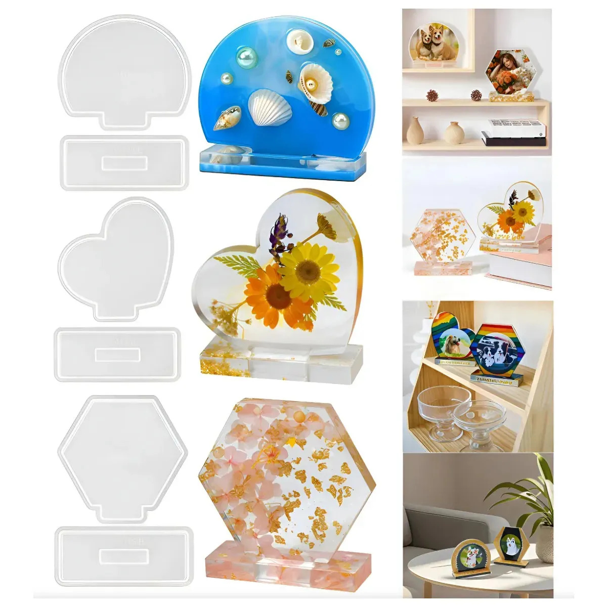 Pack De Moldes De Silicona Para Marcos De Resina, Corazón Y Hexágono Blanco