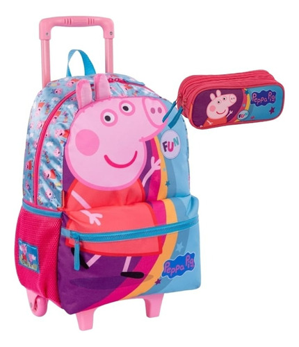 Mochila Escolar Peppa Rodinha E Estojo Colorido Sestini Cor Rosa Desenho do tecido Peppa Pig