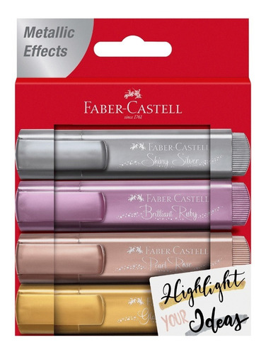 Set 4 Destacador Resaltador Efecto Metálico Faber Castell