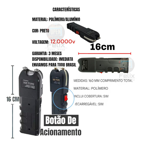 Taser Tático De Choque Led Original Super Forte Recarregável Preto Preto