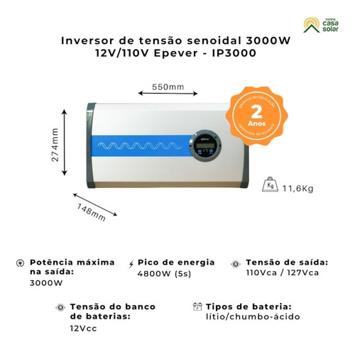 Inversor 3000w Onda Senoidal 12/110v Epever - Ip3000-11plus(