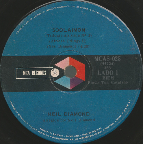 Neil Diamond - Soolaimon / Y El Pasto No Hace Simple Vinilo