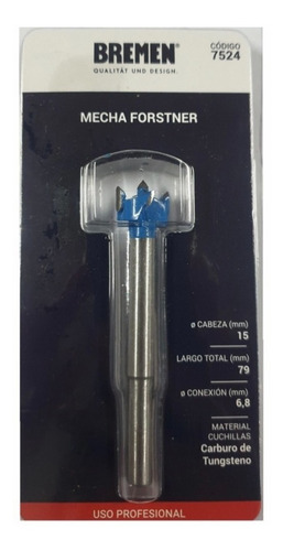 Imagen 1 de 4 de Broca Mecha Para Madera Forstner 15 Mm Bisagras Bremen 7524