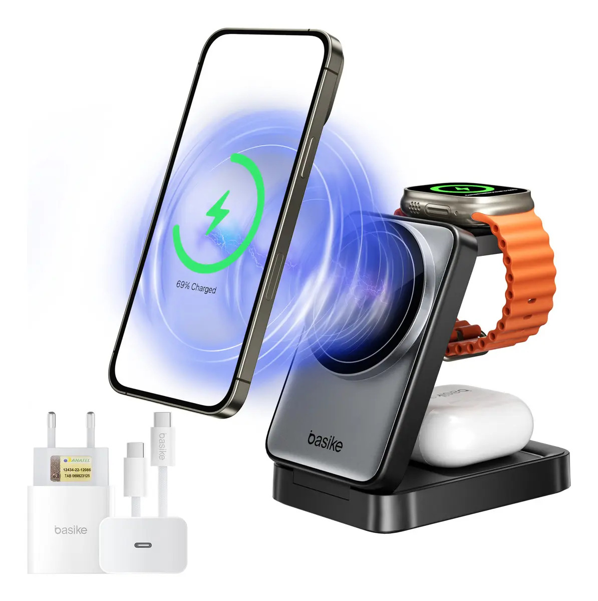 Carregador por Indução 3 em 1 Basike para iPhone, Watch e AirPods com Cabo USB-C