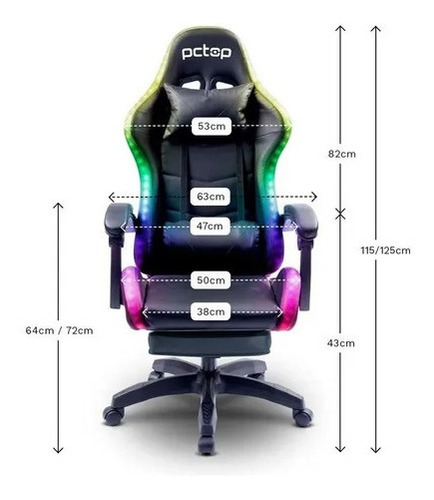 Imagem 4 de 4 de Cadeira Gamer Rgb Led Preta Em Couro Sintético Pctop R1005