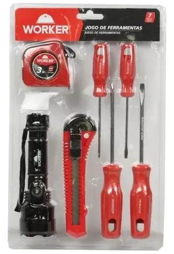 Kit Ferramentas Worker 7 Peças Chaves Fenda Estilete Lanterna Ergonomico