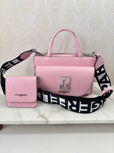 Crossbody Karl Lagerfeld Mini Con Monedero Rosa Claro Lisa Níquel Negro/blanco