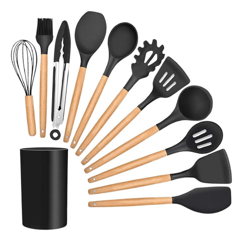 Kit Utensilios Cozinha Jogo 12 Peças Silicone Cabo Madeira