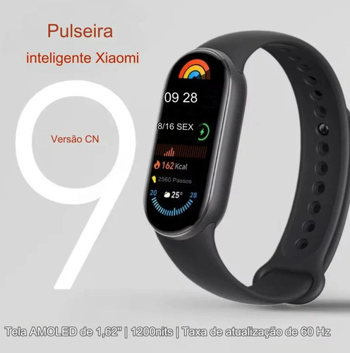 Mi Band 9 Tela Amoled Versão Global Em Português + Caixa Preto Pulseira Preto Bisel Preto Desenho Da Pulseira Preto
