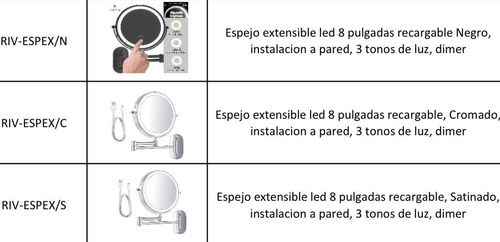 Riv Espejo De Pared Led Cromado 8  Con Touch Negro Y Cromado