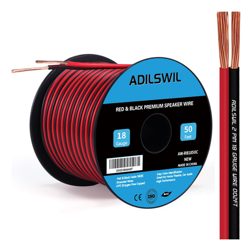 Adilswil Cable De Altavoz Calibre 18, 50 Pies, 18/2 Awg De C