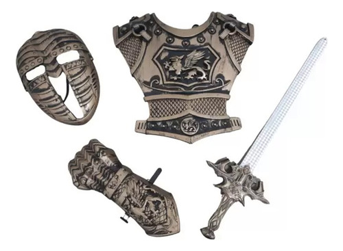 Kit Medieval Infantil Com Espada Escudo Manopla E Máscara