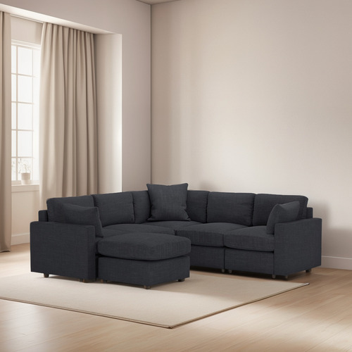 Sala Seccional Modular De 5 Plazas + Otomano + Pillow Pack Gris Oscuro Liso