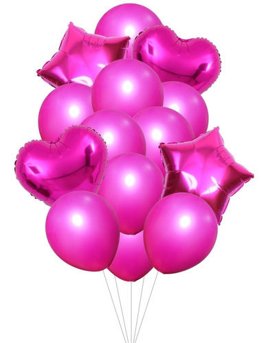 Set 14 Globos Metalizados Cumpleaños Estrella Corazón Fucsia