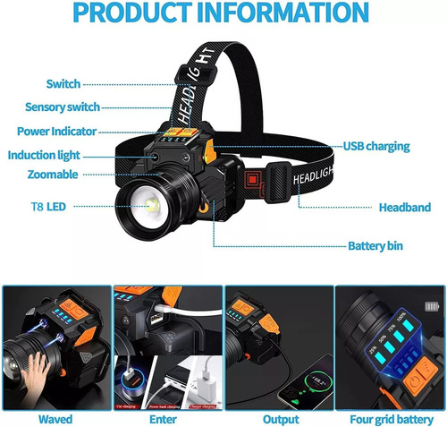 Lámpara Cabeza Led Linterna Recargable Usb Con Sensor