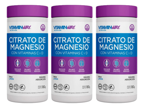 Citrato De Magnesio Polvo Bebible 180g X 3 Fcos Vitamin Way