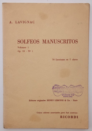 Solfeos Manuscritos 1 Op. 33 # 1 Lavignac Ed Ricordi Libro