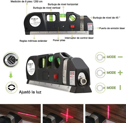 Imagen 2 de 10 de Nivelador Láser Multifuncional 3 Burbujas Regla Y Flexómetro