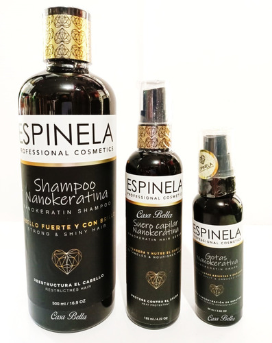 Kit De Espinela Nanokeratina Shampoo, Suero Y Gotas