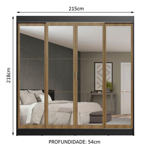 Guarda-roupa Austin 4 Portas De Espelho 3 Gavetas Preto