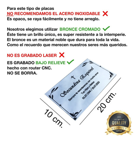 Imagen 2 de 10 de Placa Recordatoria De Metal. 20x10cm Para Cementerio,lapidas