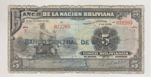 Billete Bolivia 5 Bolivianos 1911 (1929) Firma 3 (c85)