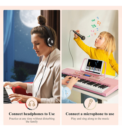 Piano Eléctrico De 61 Teclas Con Accesorios Para Principiant Rosado