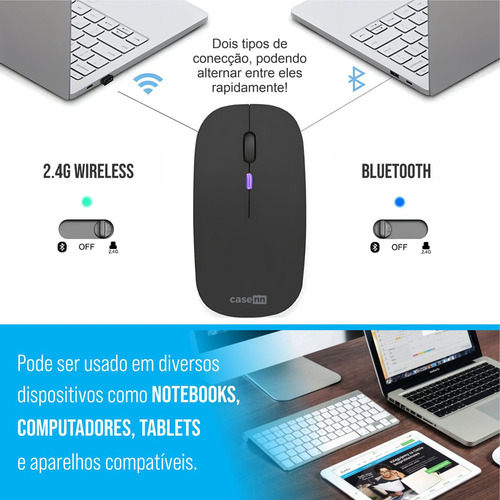 Mouse Sem Fio Recarregável Rgb 2.4ghz Bluetooth Casenn