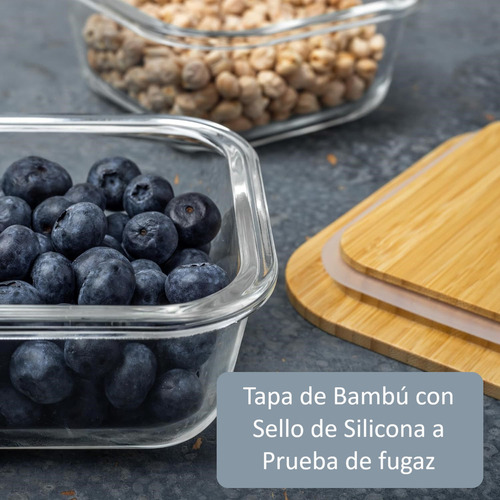Contenedores Hermetico De Vidrio Con Tapa De Bambu Tres Tarros Cuadrados Para Despensa Wakeshome