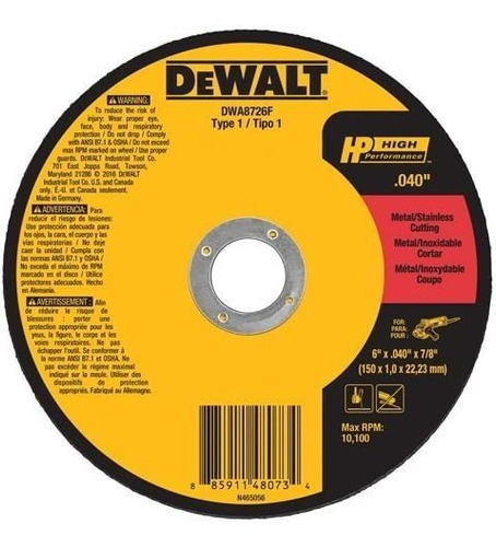 Disco De Corte Rápido Dewalt Dwa8726f T1 Hp, 6 X 0.040 X 7/8