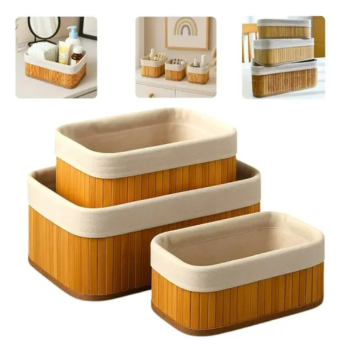 Kit Jogo 3 Cestos Organizadores De Bambu  Multiuso Com Forro Bege