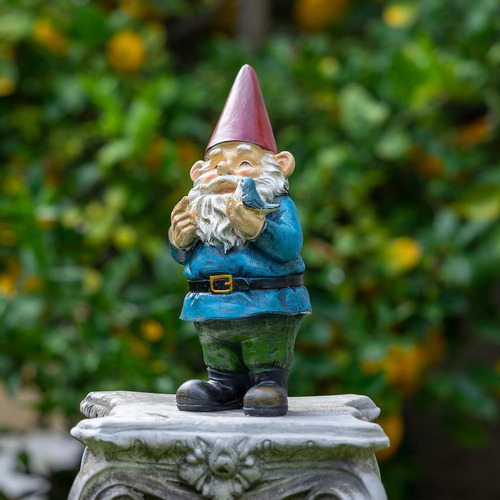 Estatua Gnomo Jardín Alpine 30 Cm Sosteniendo Pájaro