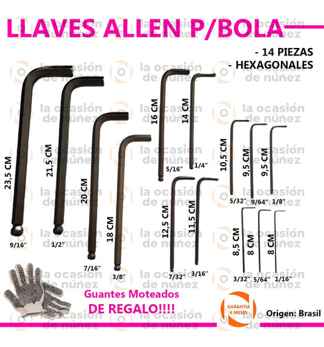 Imagen 2 de 7 de Juego 14 Llaves Allen Punta Bola 1/16 - 9/16 Hexagonales