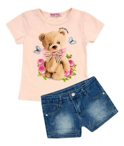 Playera Y Short Mezclilla De Niña, Conjunto Infantil De Moda