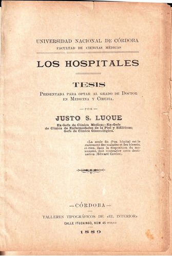 Los Hospitales, Tesis 1889 Justo Luque (córdoba) Impecable