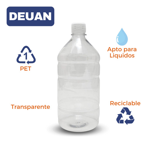 Botella Deuan Pet 950 Centímetros Cúbicos Pack X200 Transparente Ideal Para Uso Industrial Y Limpieza Con Tapa A Rosca De 28 Milímetros Universal Color Natural Material Liviano Resiste A Golpes Suaves